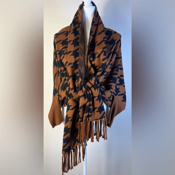 Soia & Kyo Miku Brown and Black Houndstooth Women's Scarf Wrap Coat, O/S, NWT